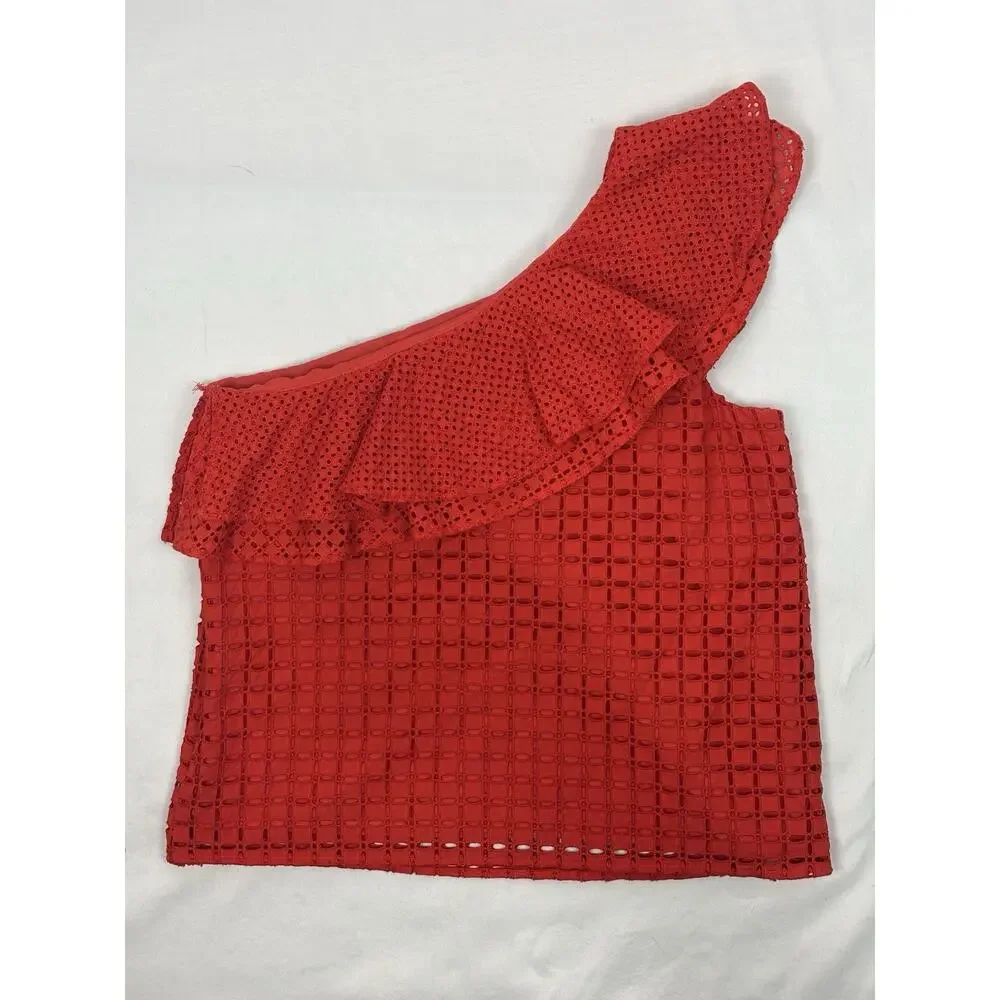 J Crew One Shoulder Ruffle Sleeveless Top Eyelet Lace Red Size 4